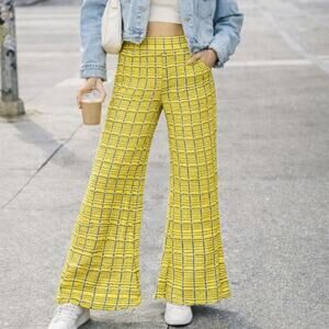 Zara Palazza Pleated Pants Flare Leg Yellow Plaid Stretch Women's Size L Retro